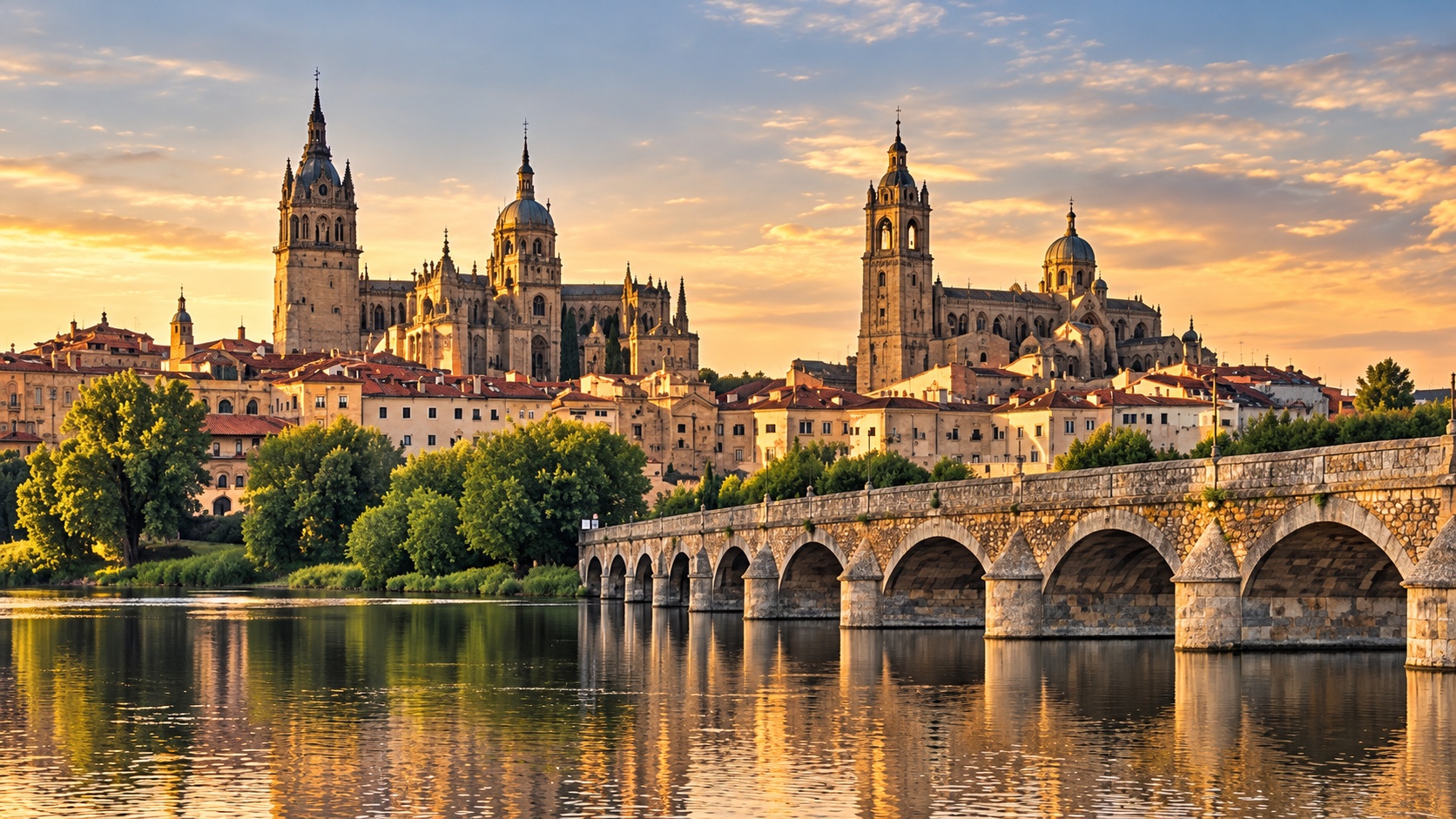 Vista ilustrativa de Salamanca con el puente y las catedrales